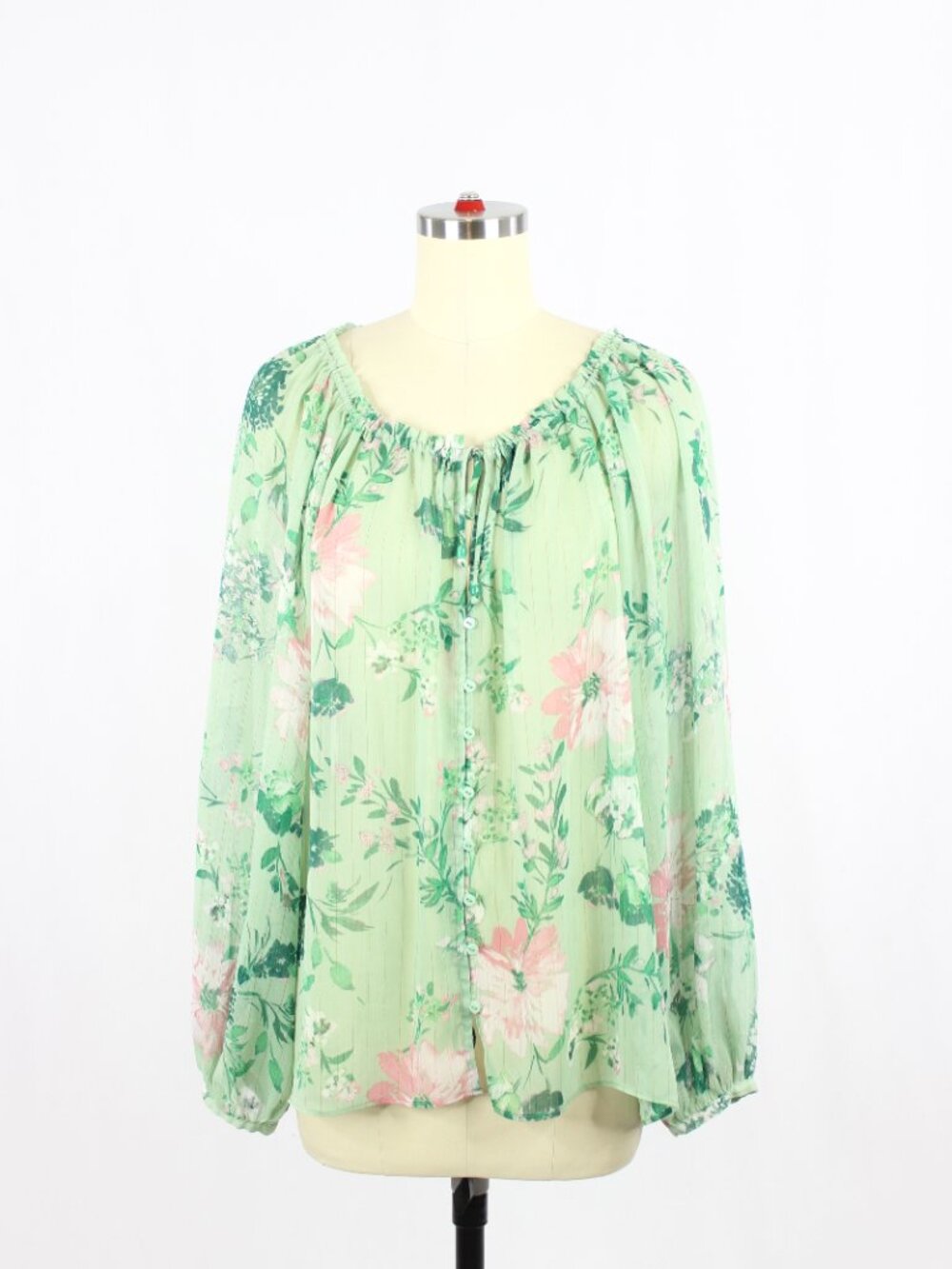 ZARA Green Floral Metallic Striped Chiffon Balloon Sleeve Peasant Blouse, Size M